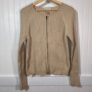 Spiegel Jacket Beige Minimalist Babydoll Ribbed Full Zip Sweater L 100% Cotton